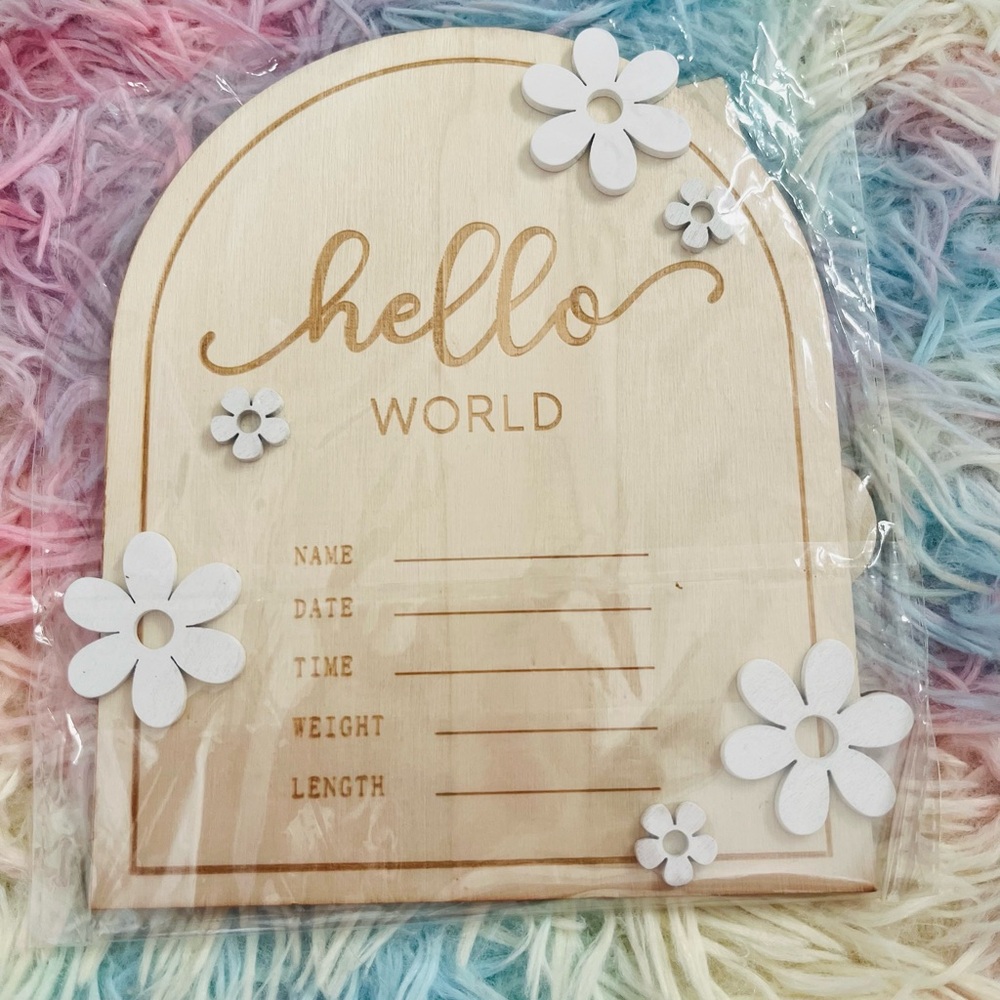Wooden Baby Announcement Sign with White Flowers